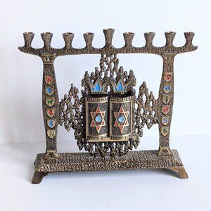 Vintage Israel 12 Tribes Brass Hanukkah Menorah w/ Opening 10 Commandments